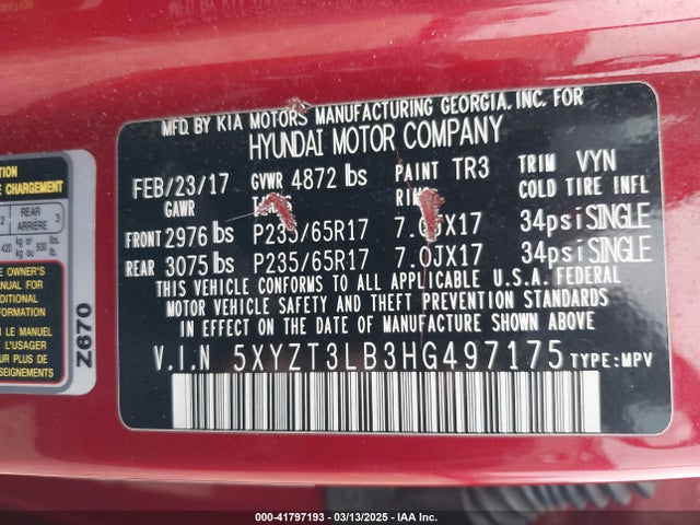 5XYZT3LB3HG497175 Hyundai Santa Fe Sport 2.4l