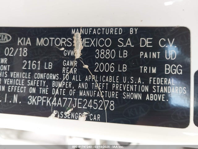 3KPFK4A77JE245278 KIA FORTE LX
