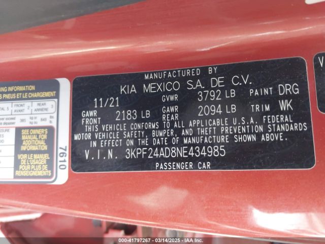 3KPF24AD8NE434985 KIA Forte Lxs