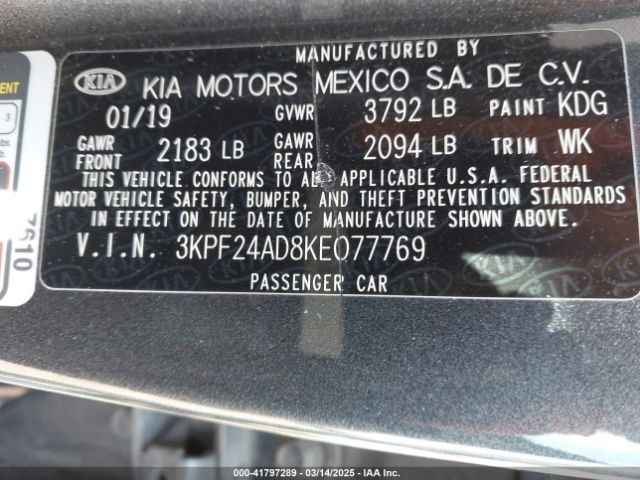 3KPF24AD8KE077769 KIA Forte Lxs