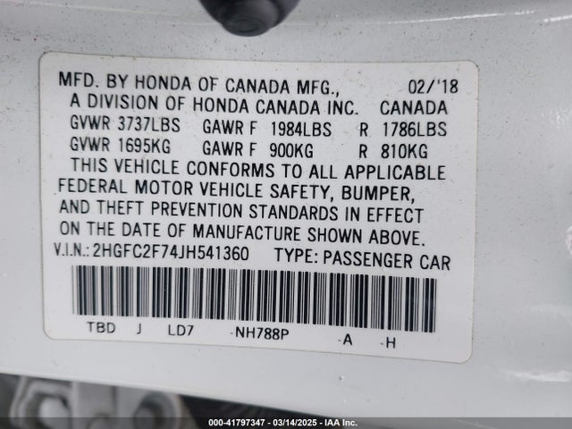 2HGFC2F74JH541360 Honda CIVIC EX