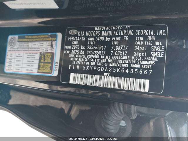 5XYPGDA35KG435667 KIA Sorento 2.4l Lx