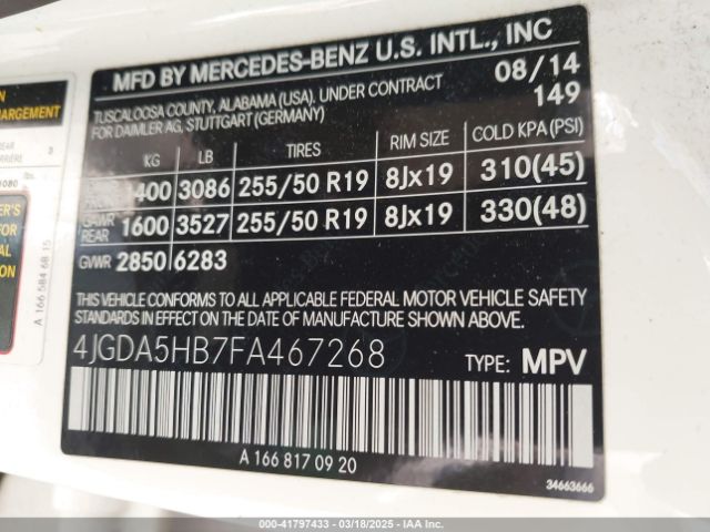 4JGDA5HB7FA467268 Mercedes-Benz Ml 350 4matic