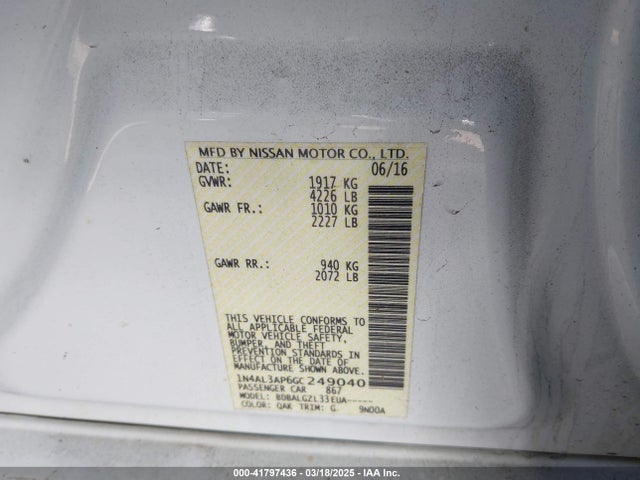 1N4AL3AP6GC249040 Nissan Altima 2.5/2.5 S/2.5 Sl/2.5 Sr/2.5 Sv