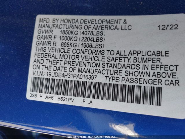 19UDE4H31PA016397 Acura Integra A-spec