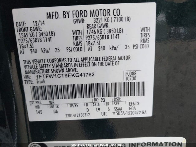 1FTFW1CT9EKG41762 Ford F-150 Xlt