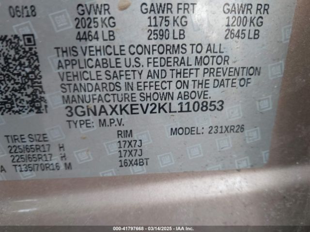 3GNAXKEV2KL110853 Chevrolet EQUINOX LT