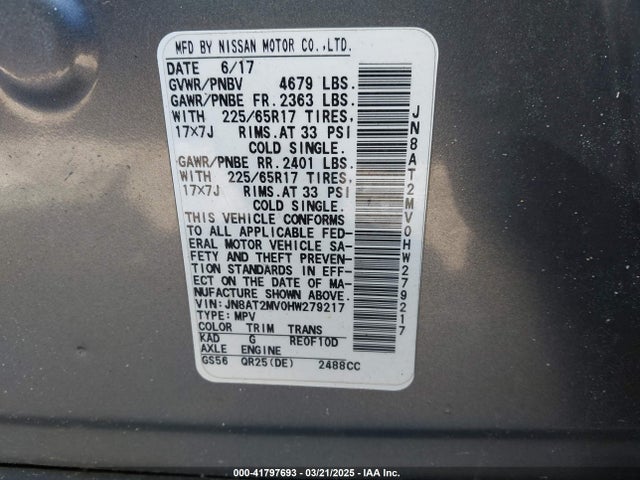 JN8AT2MV0HW279217 Nissan ROGUE S