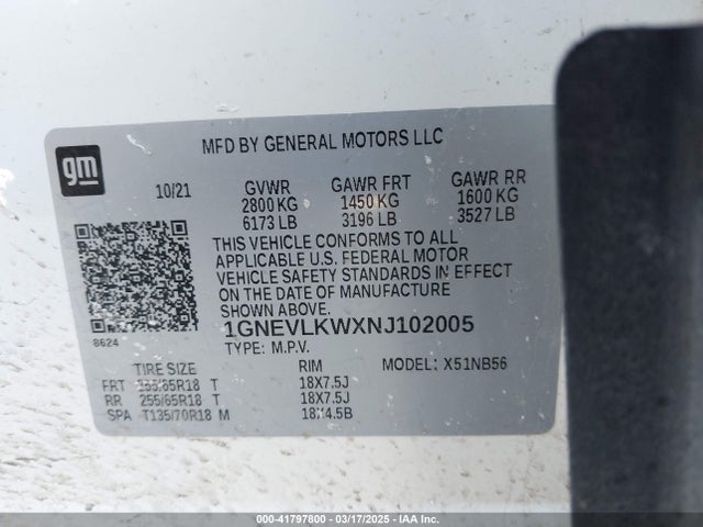 1GNEVLKWXNJ102005 Chevrolet Traverse Awd 1fl