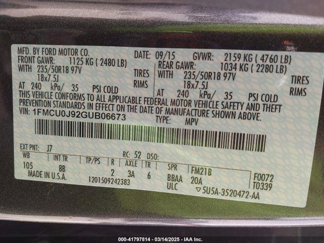 1FMCU0J92GUB06673 Ford 2016