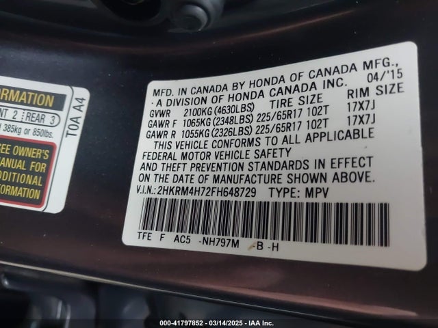 2HKRM4H72FH648729 Honda Cr-v Ex-l