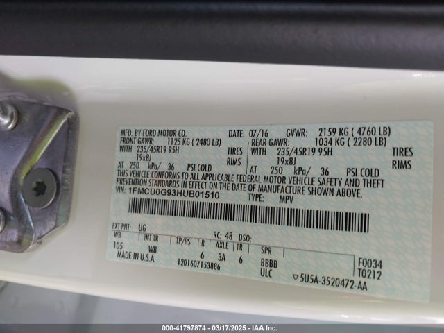1FMCU0G93HUB01510 Ford ESCAPE SE