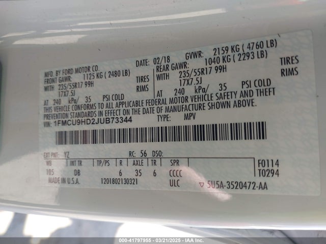 1FMCU9HD2JUB73344 Ford ESCAPE SEL