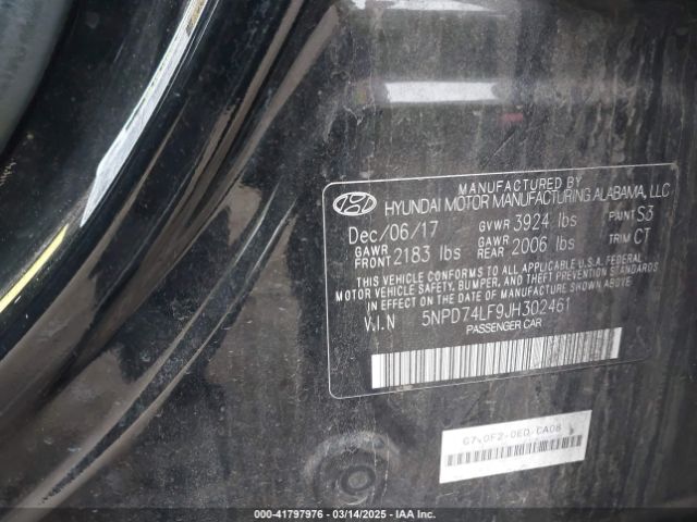 5NPD74LF9JH302461 Hyundai ELANTRA SE