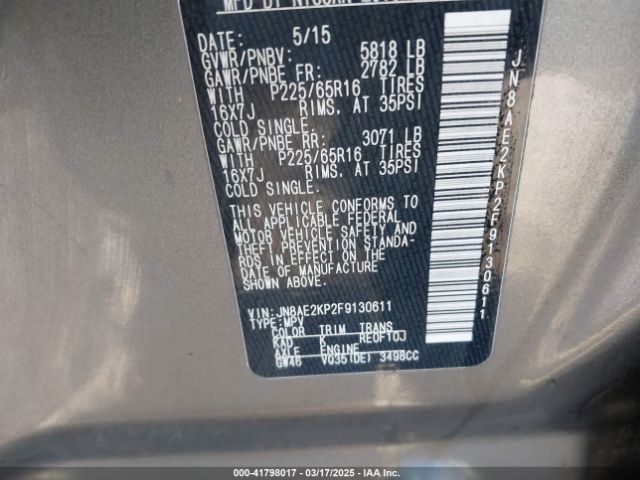 JN8AE2KP2F9130611 Nissan Quest Platinum/s/sl/sv