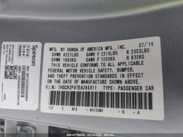 1HGCR2F87EA285911 Honda Accord Ex-l