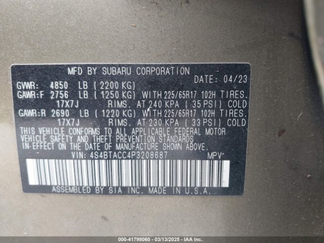 4S4BTACC4P3208687 Subaru Outback Premium