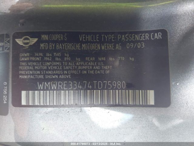 2004 MINI COOPER S WMWRE33474TD75980 Photo 8