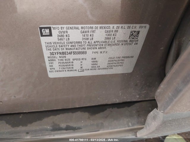 3GYFNBE34FS598969 Cadillac Srx Luxury Collection