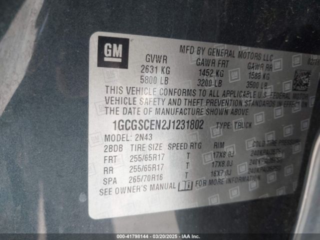 1GCGSCEN2J1231802 Chevrolet Colorado Lt