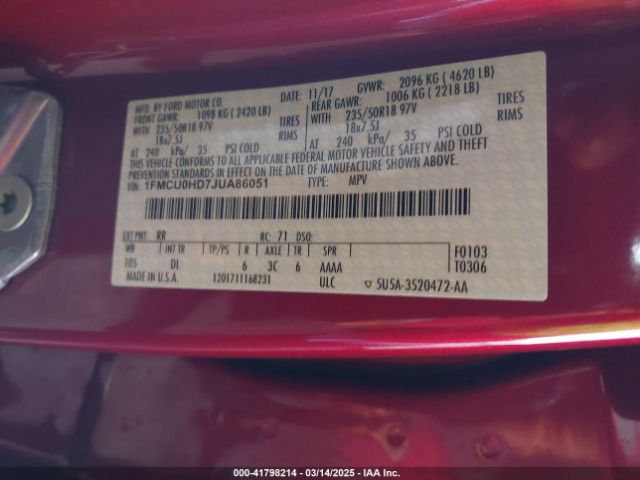 1FMCU0HD7JUA86051 Ford ESCAPE SEL