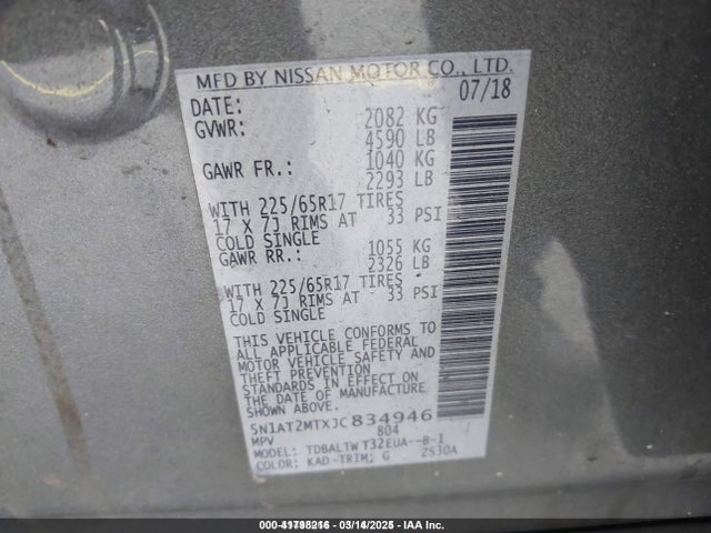 5N1AT2MTXJC834946 Nissan ROGUE SV