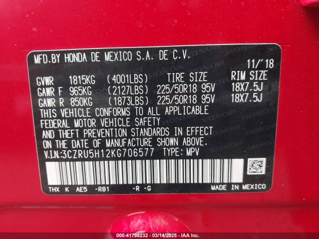 3CZRU5H12KG706577 Honda HR-V SPORT