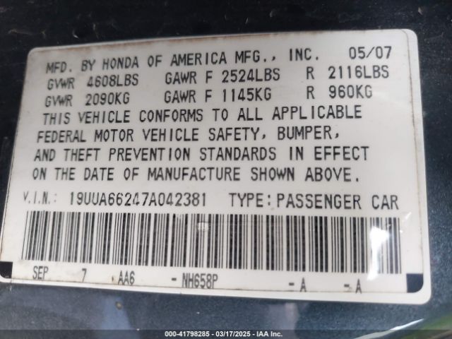 2007 ACURA TL 19UUA66247A042381 Photo 8