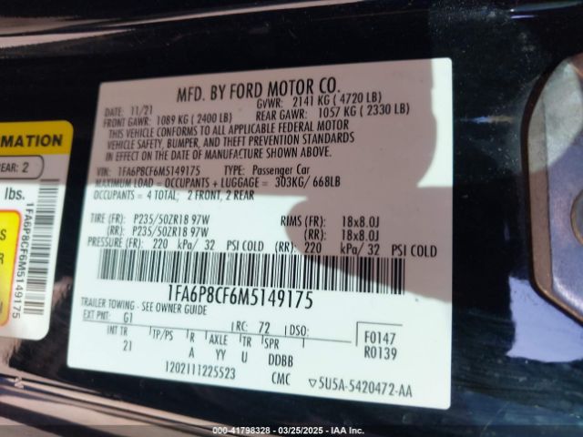1FA6P8CF6M5149175 Ford Mustang Gt Fastback