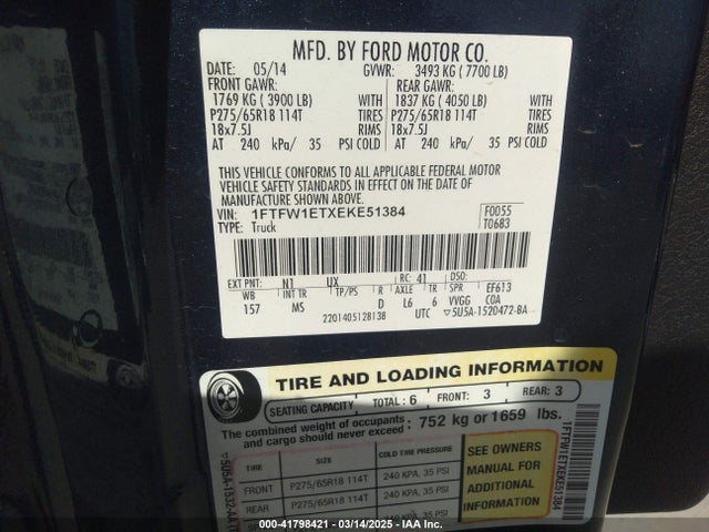1FTFW1ETXEKE51384 Ford F-150 Xlt
