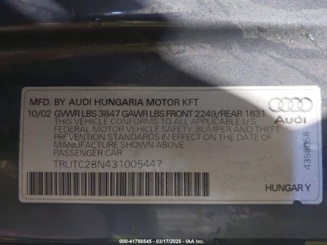 2003 AUDI TT TRUTC28N431005447 Photo 8