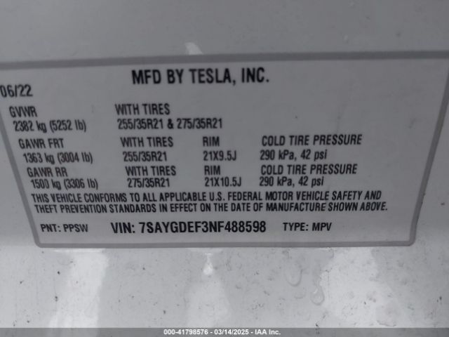 7SAYGDEF3NF488598 Tesla Model Y