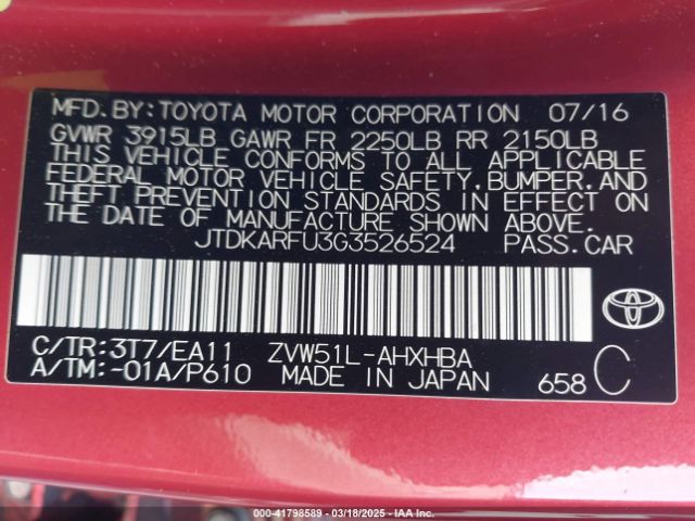 JTDKARFU3G3526524 Toyota Prius