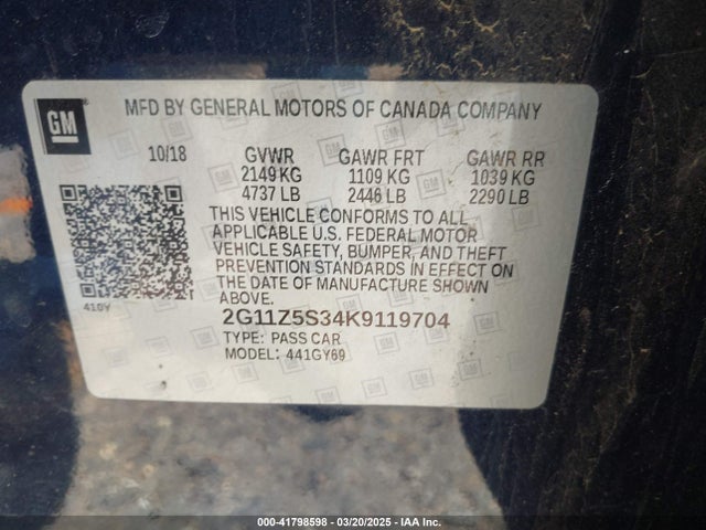 2019 Chevrolet Impala Lt მანქანა იყიდება აუქციონზე, vin: 2G11Z5S34K9119704, აუქციონის ნომერი: 41798598