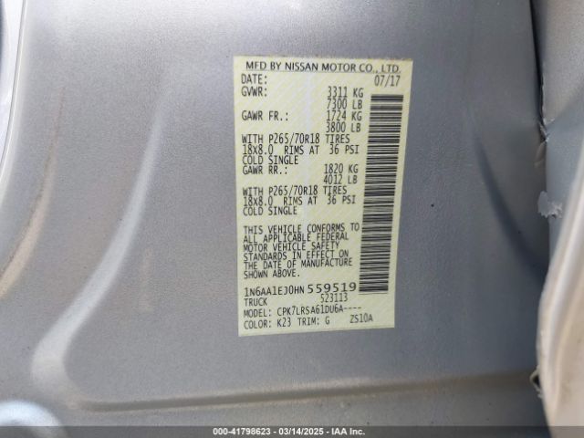 1N6AA1EJ0HN559519 Nissan TITAN S