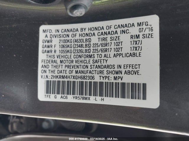 2HKRM4H7XGH682306 Honda Cr-v Ex-l