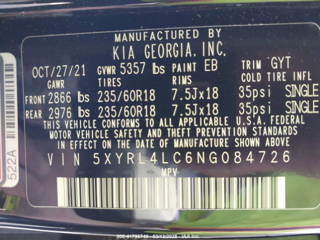 5XYRL4LC6NG084726 KIA SORENTO S