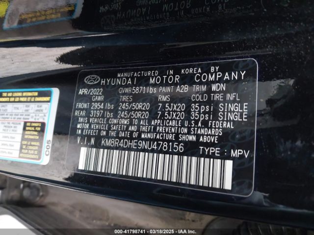 KM8R4DHE9NU478156 Hyundai Palisade Sel