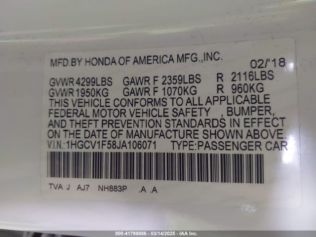 1HGCV1F58JA106071 Honda Accord Ex-l