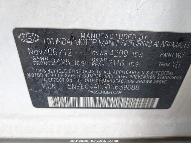 Продажа на аукционе авто 2013 Hyundai Sonata Limited, vin: 5NPEC4AC5DH639688, номер лота: 41798908
