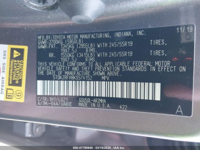5TDKZRFH8KS574152 Toyota Highlander Se