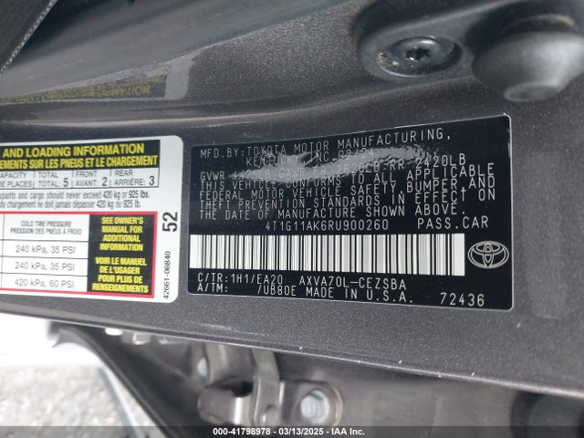 4T1G11AK6RU900260 Toyota CAMRY SE
