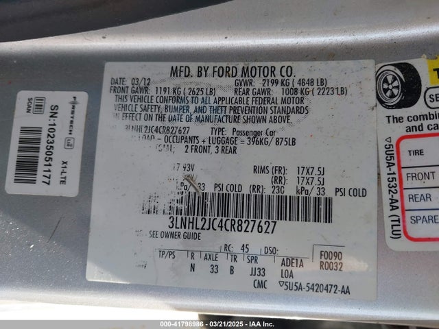 41798986 :رقم المزاد ، 3LNHL2JC4CR827627 vin ، 2012 Lincoln Mkz مزاد بيع