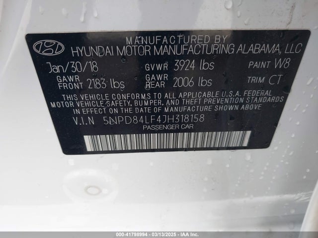5NPD84LF4JH318158 Hyundai ELANTRA SEL