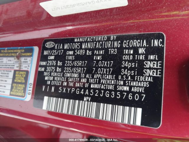 5XYPG4A52JG357607 KIA Sorento 3.3l Lx