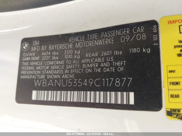 Aukcja sprzedaży 2009 Bmw 528i, vin: WBANU53549C117877, numer aukcji: 41799090