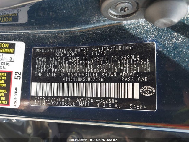 4T1B11HK5JU575265 Toyota CAMRY SE