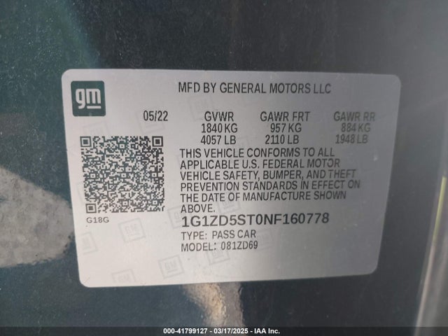 1G1ZD5ST0NF160778 Chevrolet Malibu Fwd Lt