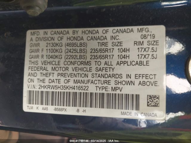 2HKRW5H35KH416522 Honda CR-V LX
