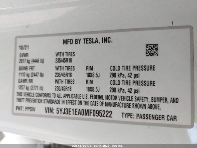 5YJ3E1EA0MF095222 Tesla Model 3 Standard Range Plus Rear-wheel Drive